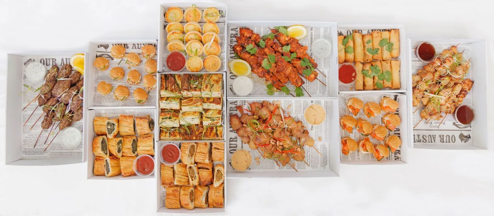 Kids party catering boxes with skewers, small bites and dipping sauces